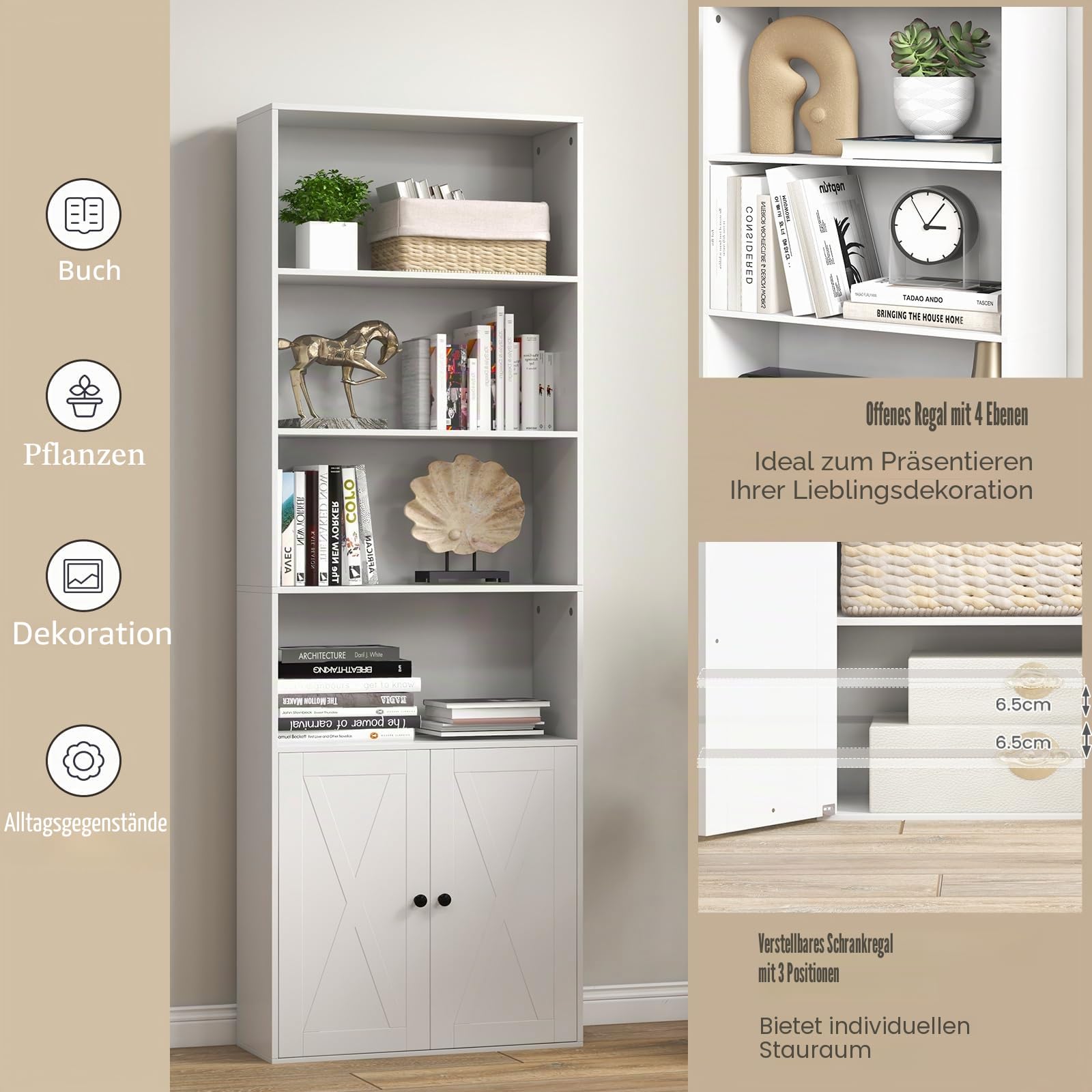 komfotteu-b-cherregal-holz-mit-t-rschrank-6-regale-60x24x180cm-wei image 5
