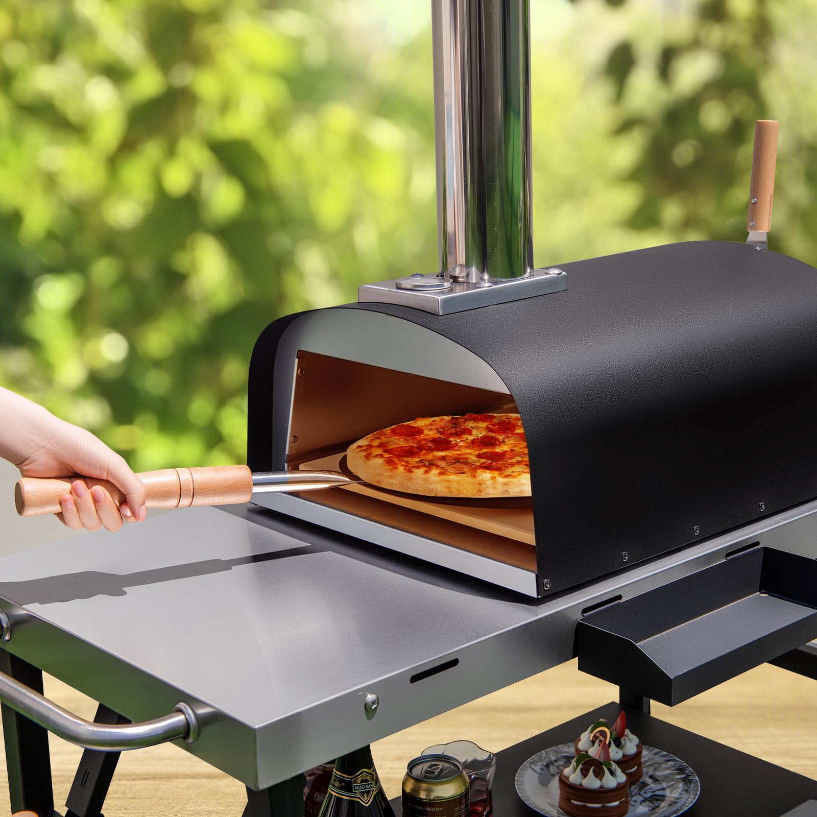 komfotteu-pizzaofen-outdoor-holzofen-edelstahl-mit-pizzastein-und-thermometer image 2