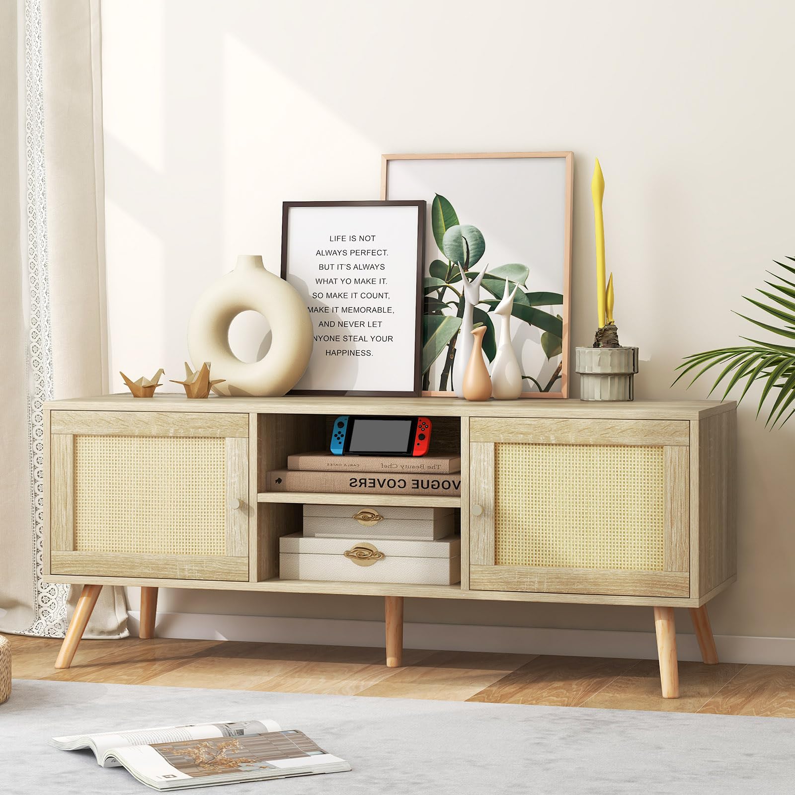 komfotteu-tv-bank-holz-120-cm-f-r-55-zoll-mit-rattan-schr-nken-natur image 2