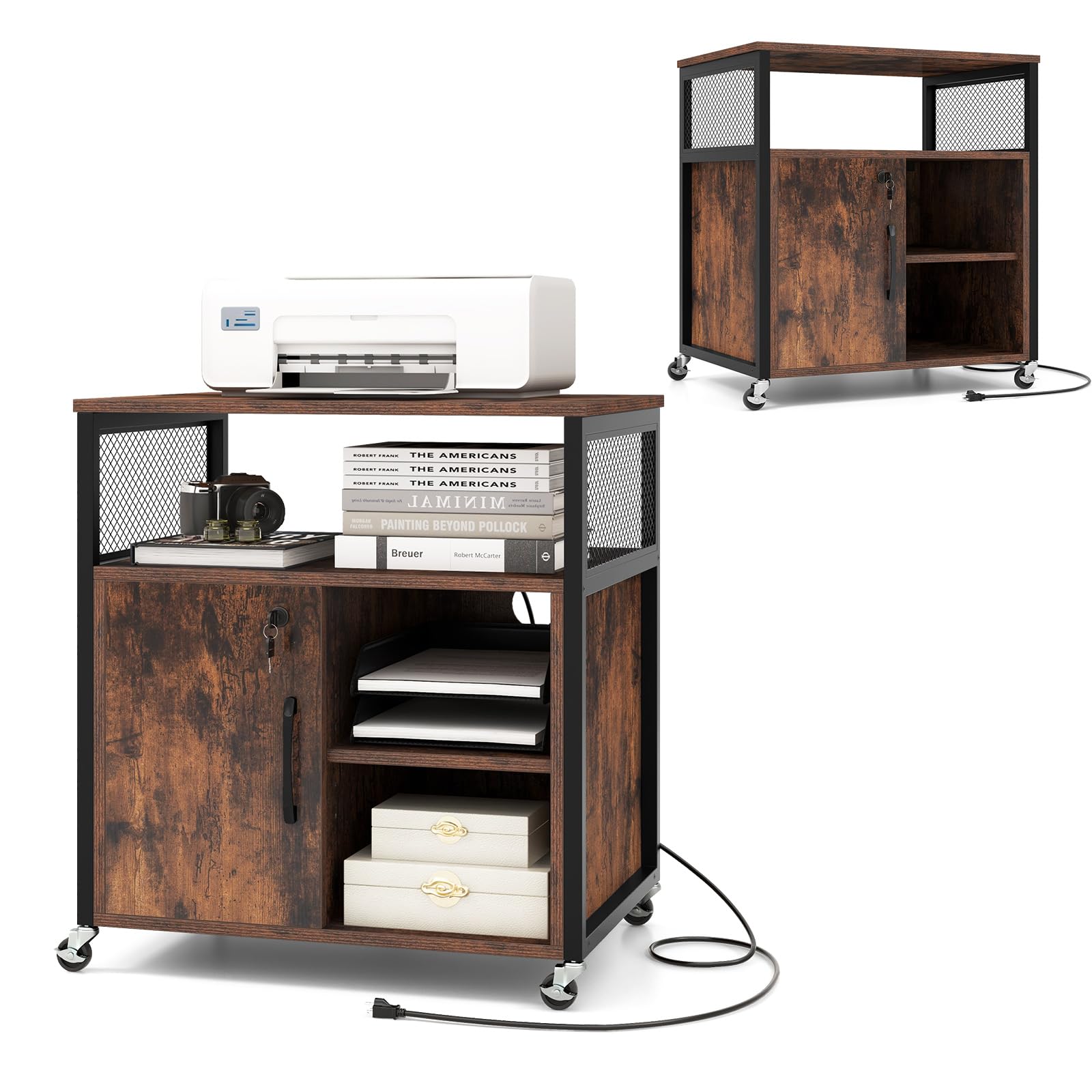 komfotteu-rollcontainer-braun-mit-ladestation-usb-typ-c-und-schloss image 1