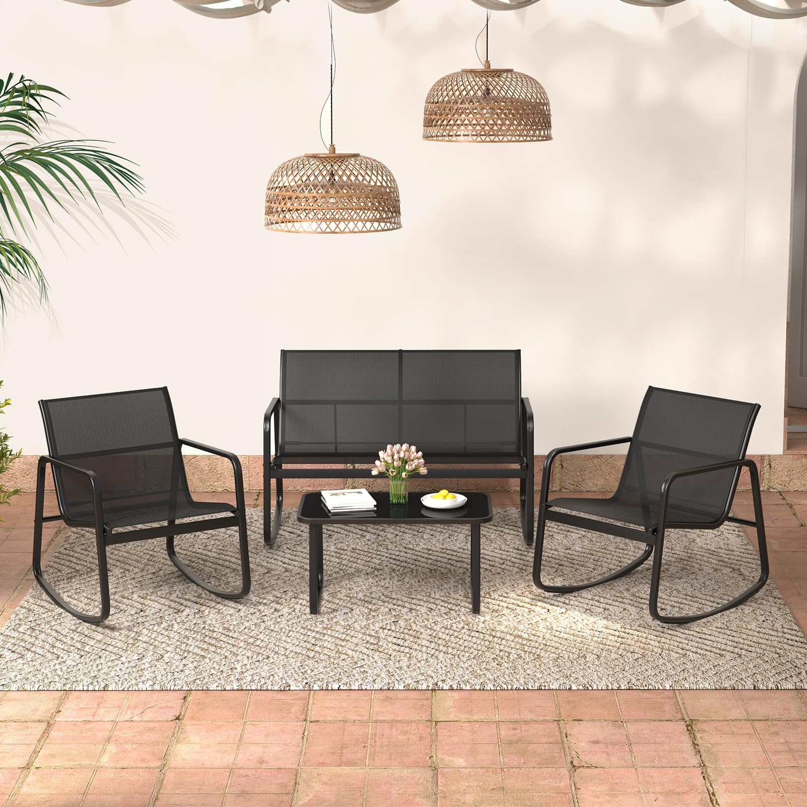 komfotteu-gartenm-bel-set-4-tlg-mit-2-schaukelst-hlen-bank-tisch-schwarz image 2