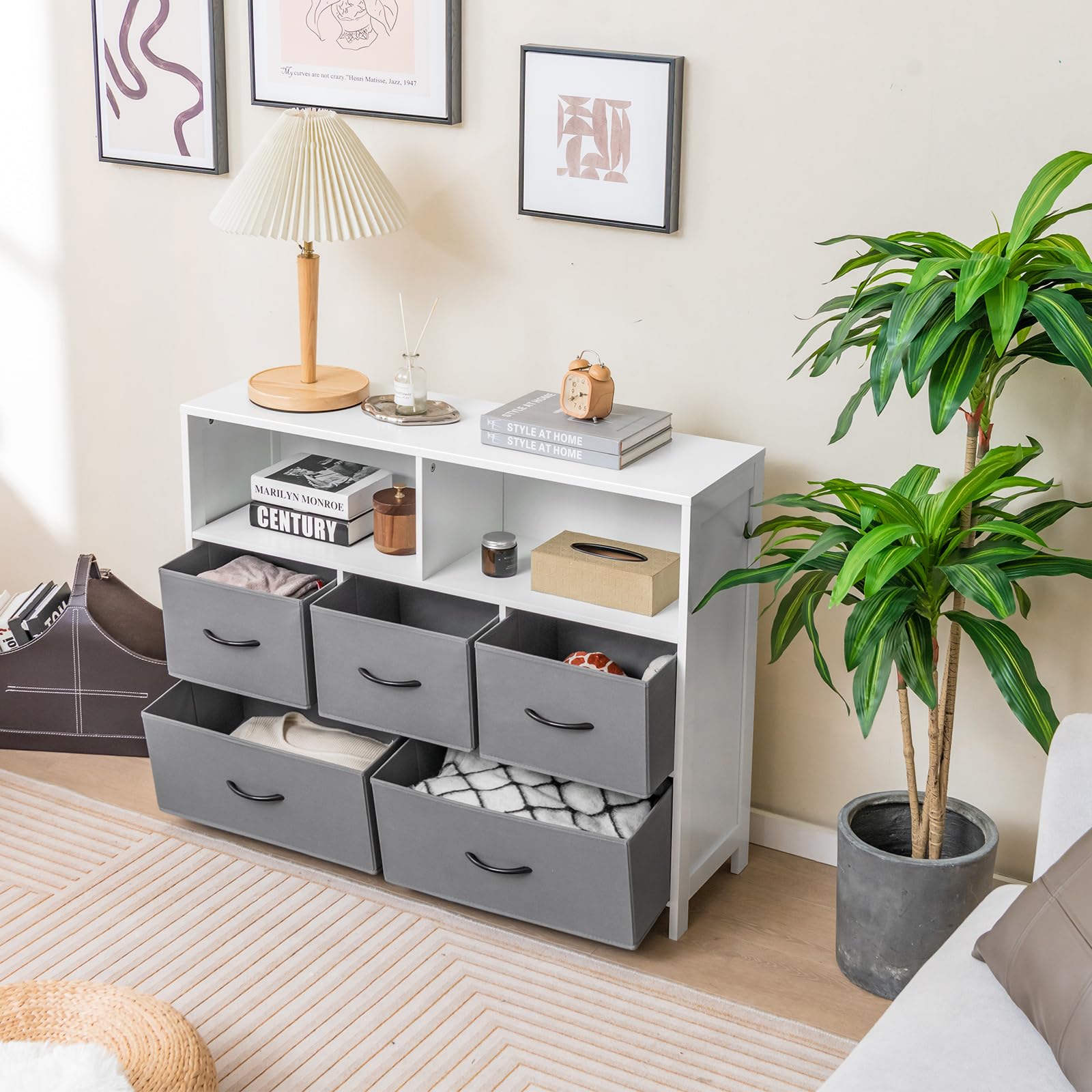 komfotteu-kommode-mit-5-schubladen-100-x-30-x-78-cm-mit-offenen-regalen image 2