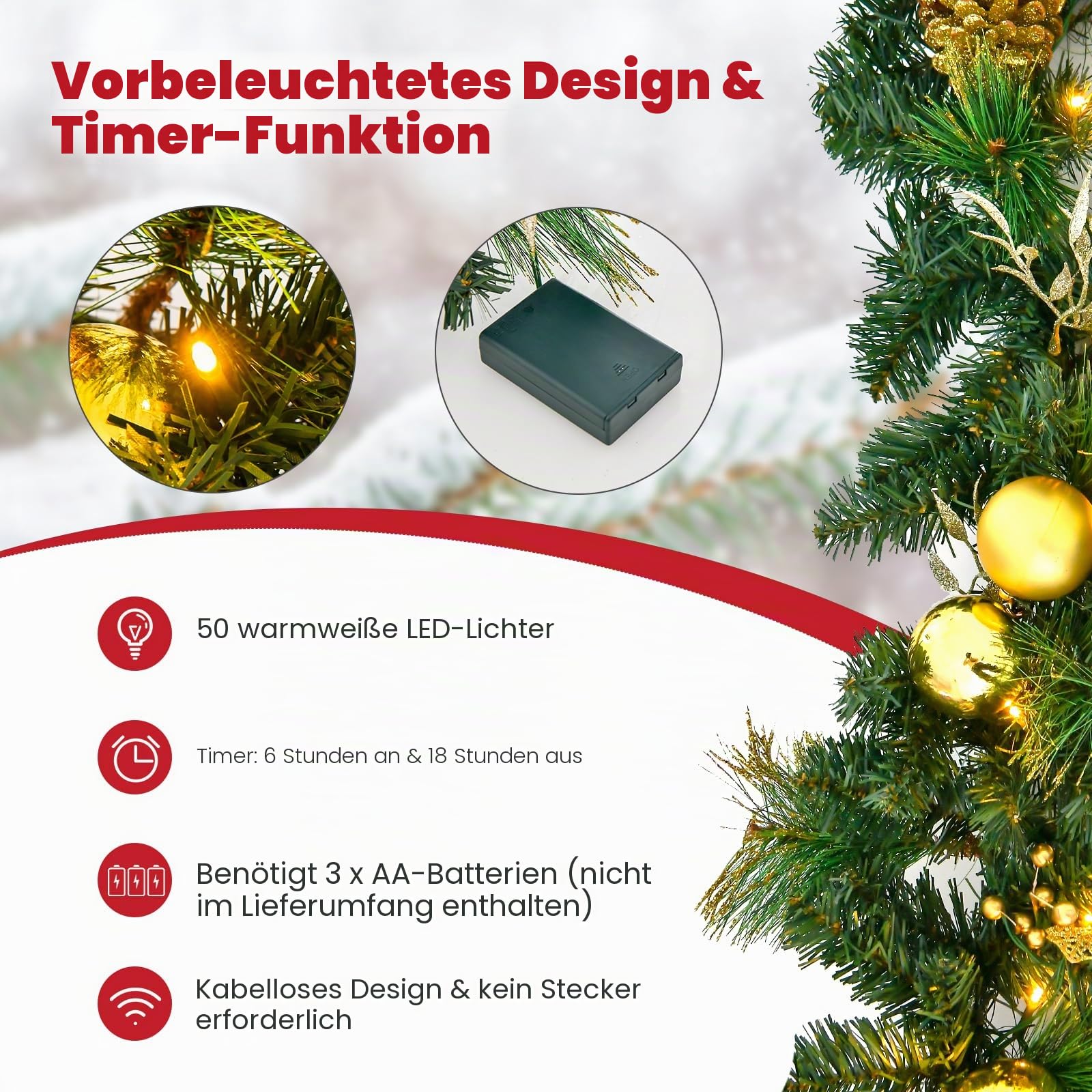 komfotteu-weihnachtsgirlande-270-cm-mit-50-leds-und-timer-tanne-gold image 4