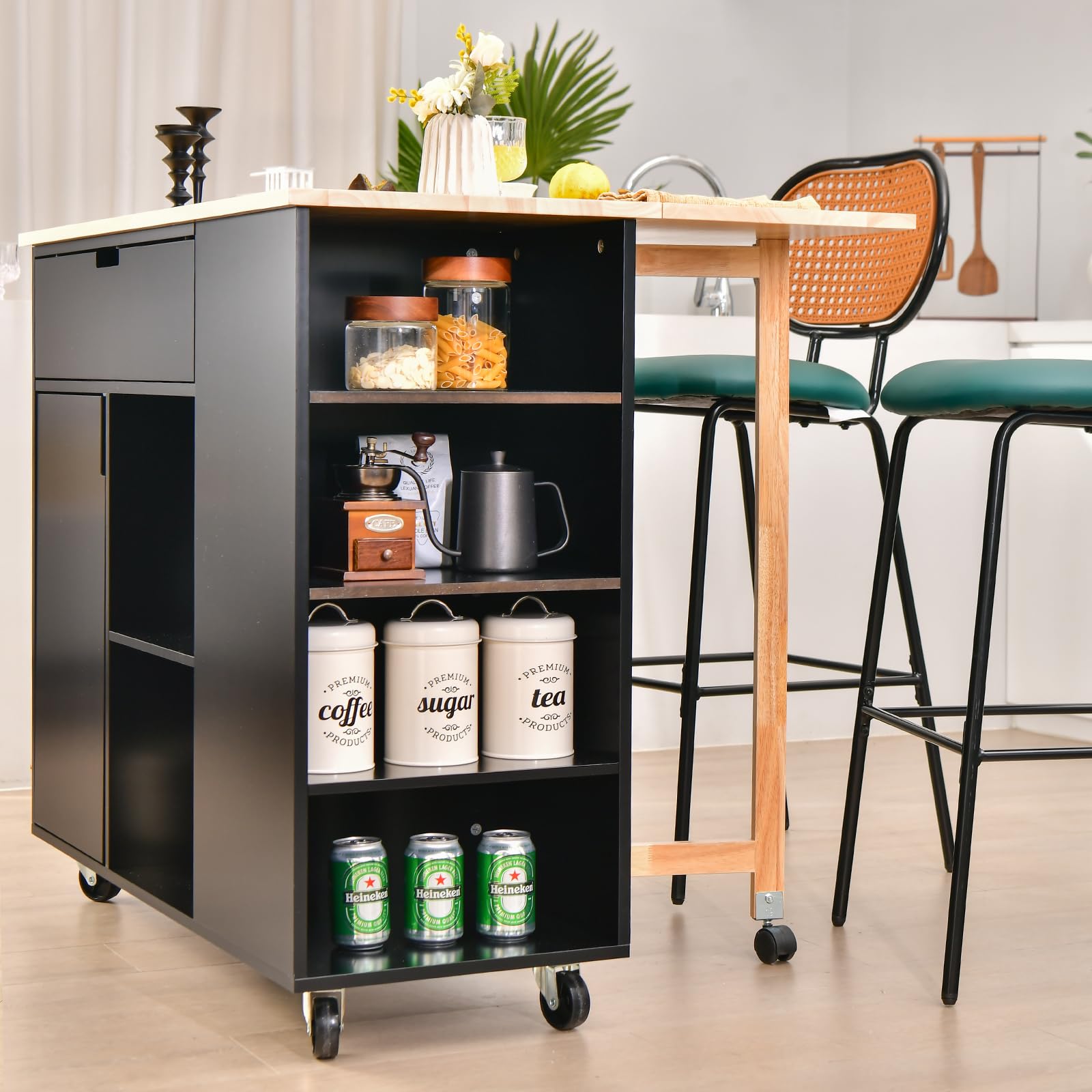 komfotteu-k-chenwagen-k-cheninsel-holz-mit-ausziehbarer-arbeitsplatte-schwarz image 2