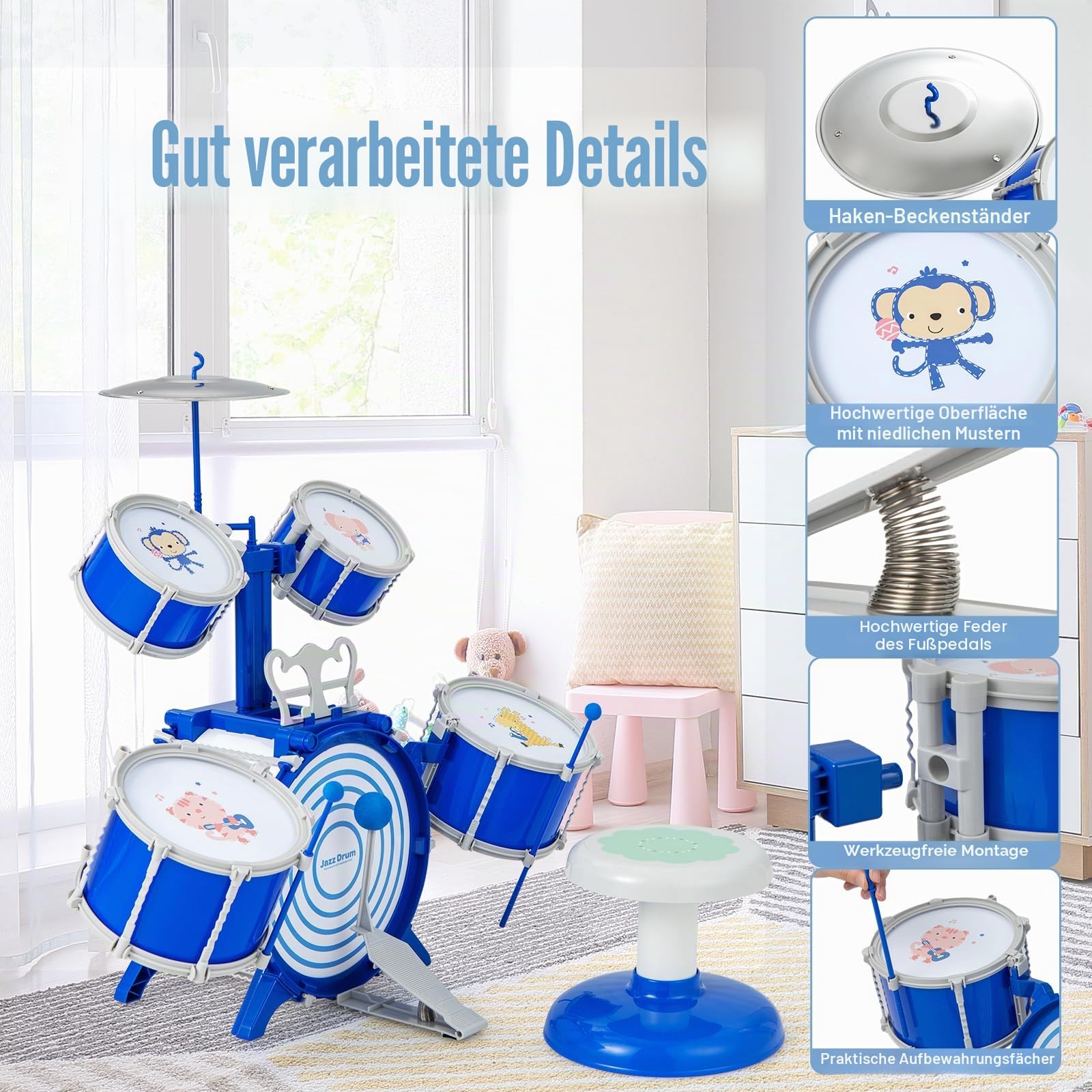 komfotteu-jazz-schlagzeug-f-r-kinder-ab-3-jahren-5-trommeln-mit-hocker-blau image 5
