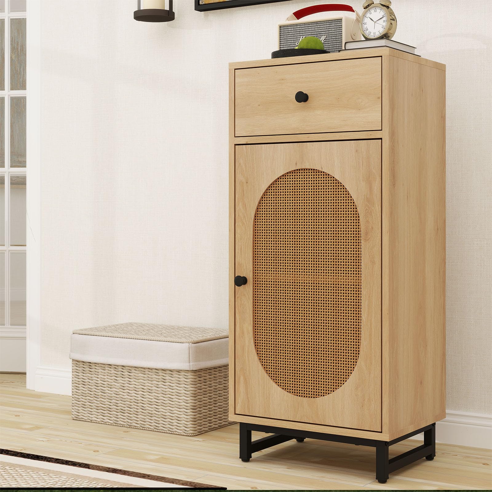 komfotteu-badezimmerschrank-mit-rattan-t-r-schublade-und-kippschutz-holz image 2