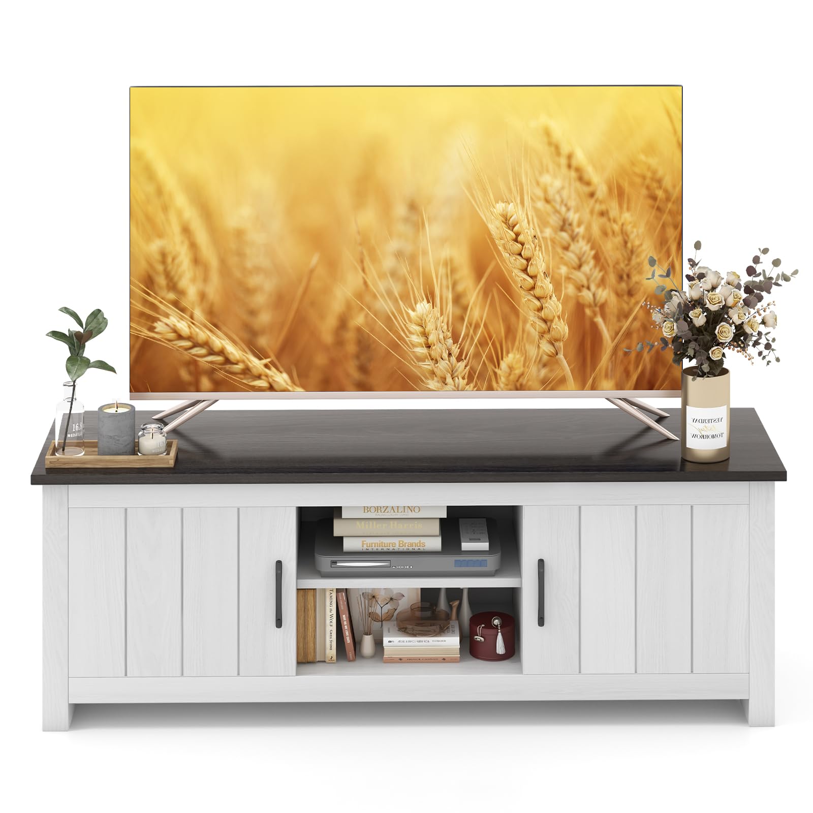 komfotteu-fernsehtisch-bis-65-zoll-mit-2-schr-nken-145x40x50cm-wei-braun image 1