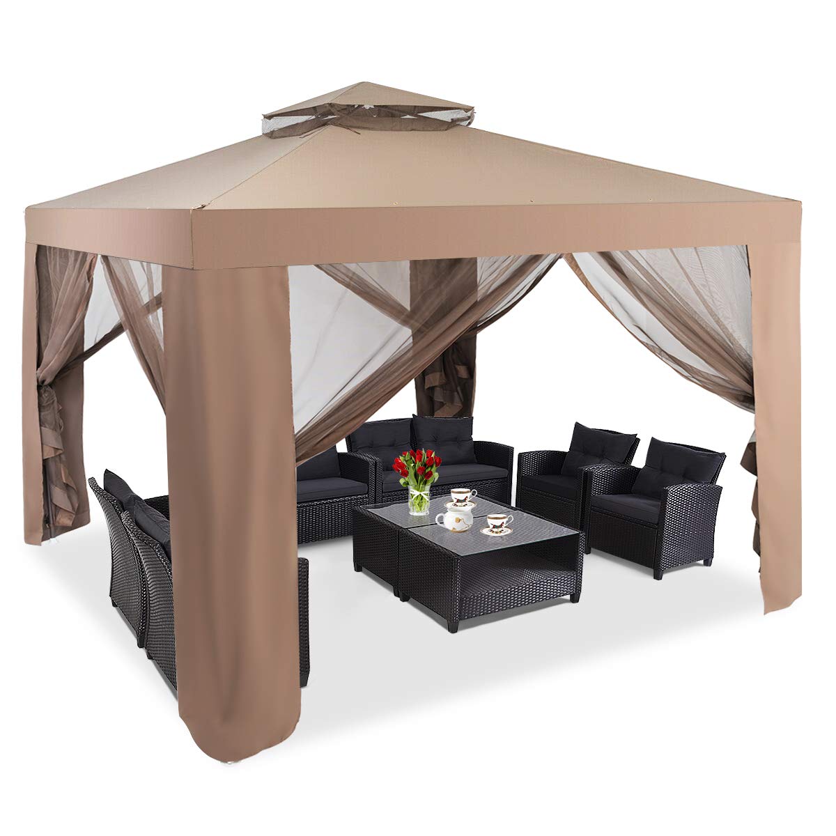 komfotteu-pavillon-3x3m-mit-doppeldach-vorh-ngen-und-moskitonetz-braun image 1