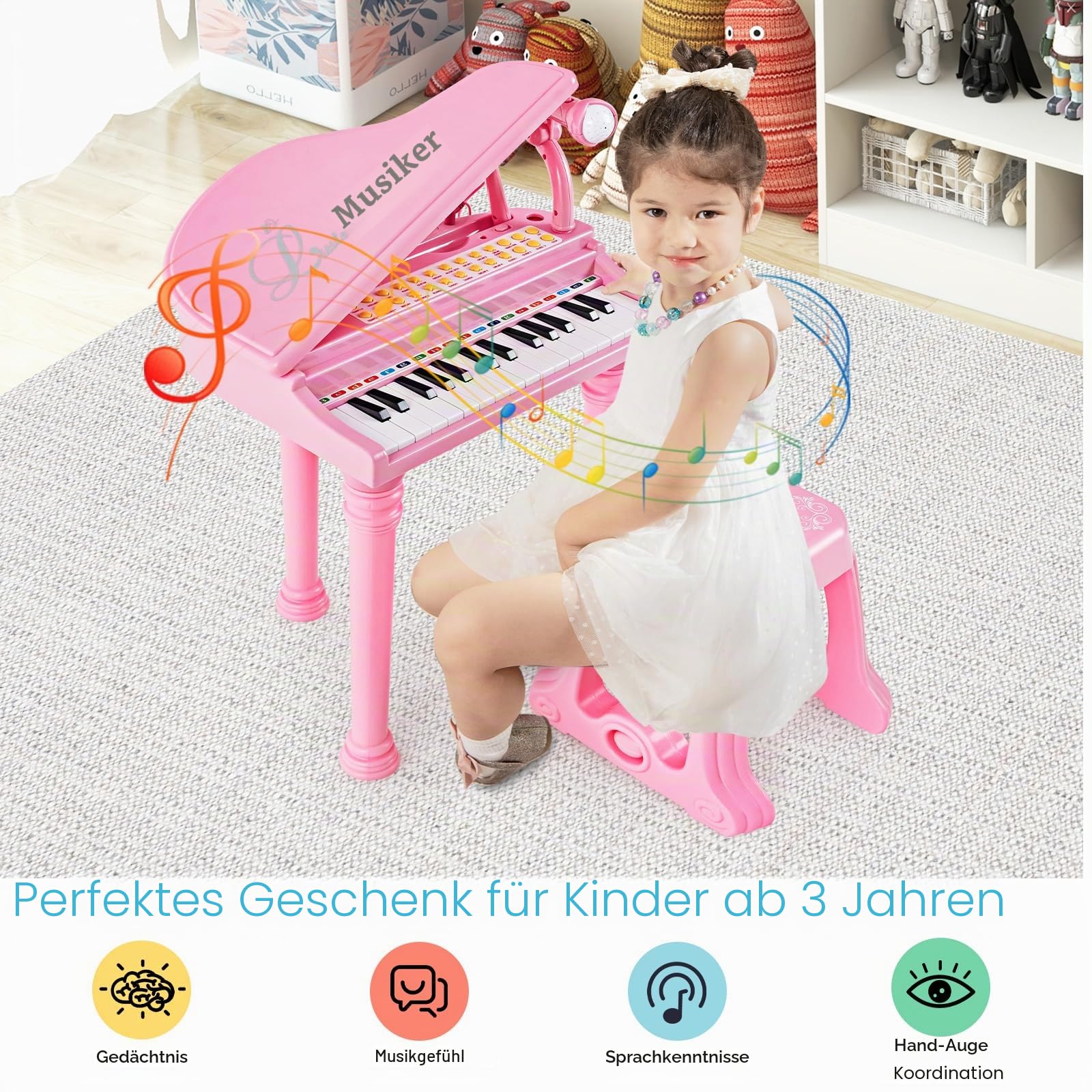 komfotteu-31-tasten-kinderklavier-set-mit-mikrofon-hocker-rosa image 3
