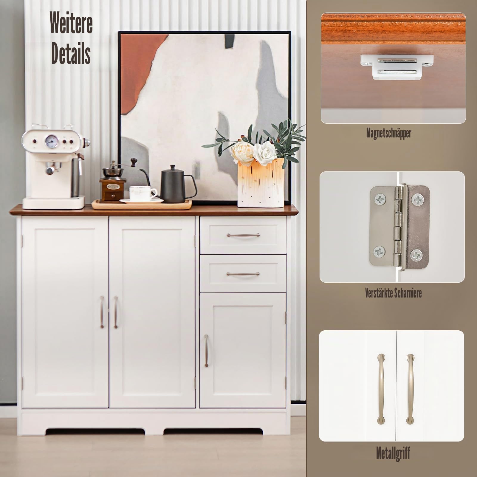 komfotteu-k-chenschrank-buffetschrank-sideboard-100x40x78cm-wei-mit-2-schubladen image 5