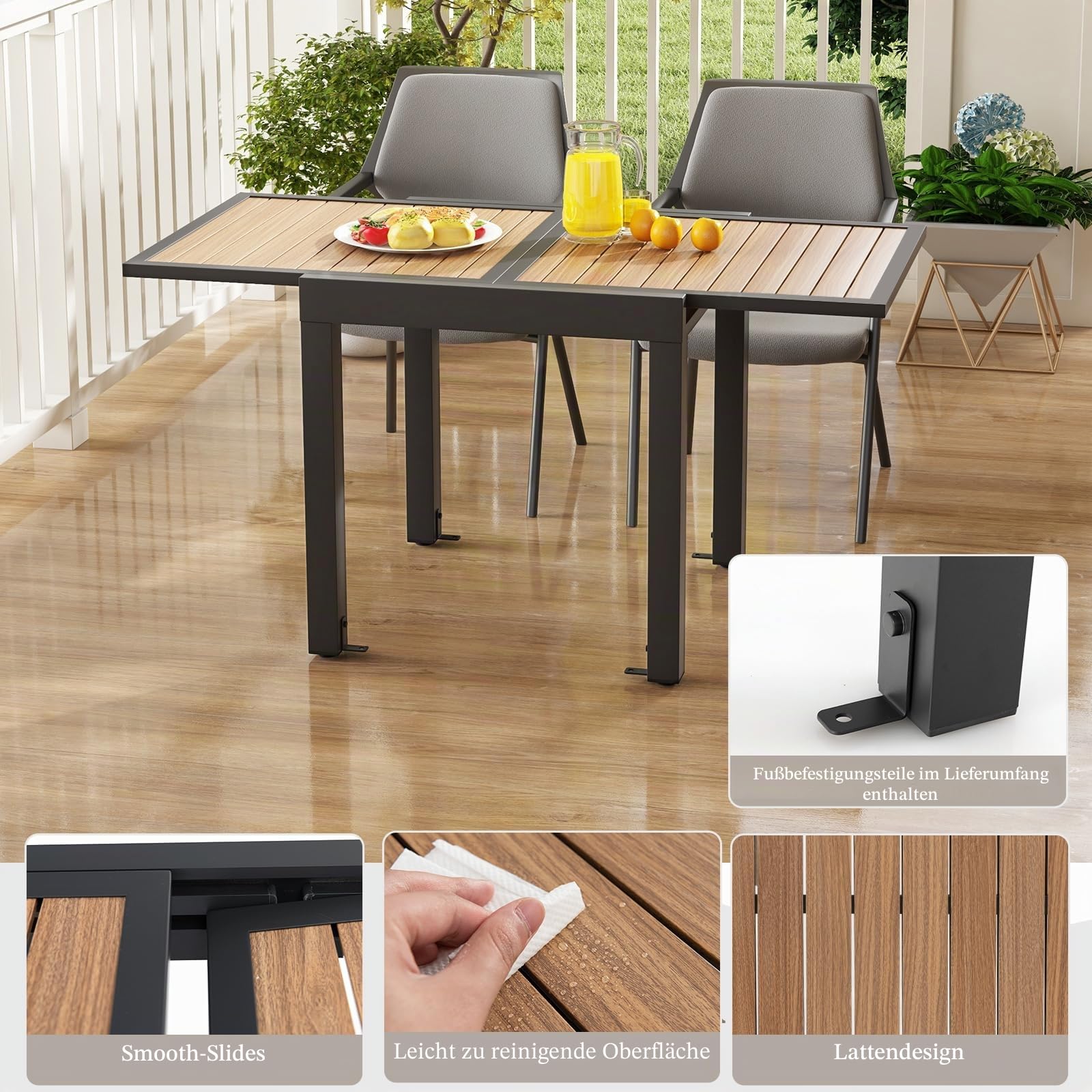 komfotteu-gartentisch-ausziehbar-80-160-cm-aluminium-holzmaserung-grau image 5