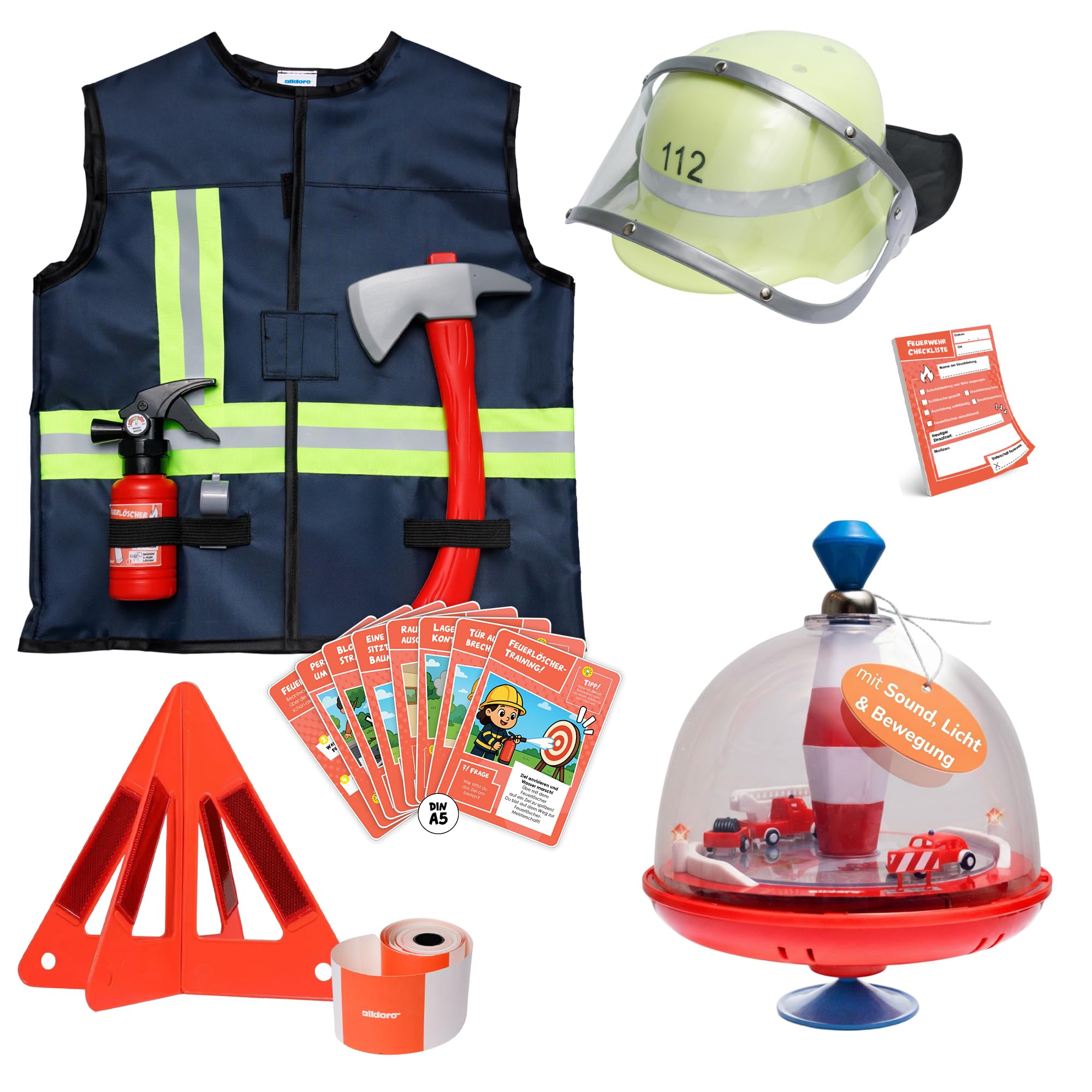 alldoro-feuerwehr-spielset-2-in-1-brummkreisel-rollenspielset-9-tlg image 1