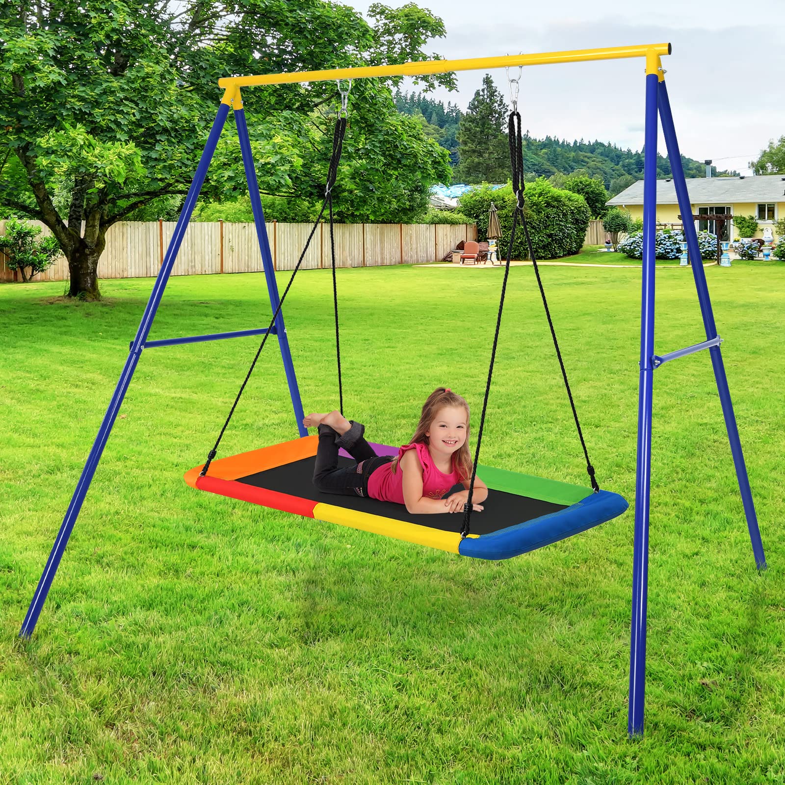 komfotteu-doppel-schaukelgestell-f-r-nestschaukel-kinderschaukel-blau-gelb image 2