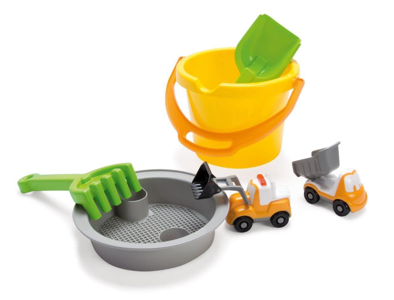 dantoy-sand-und-wasserspielzeug-eimer-set-mit-2-fahrzeugen-gelb image 1