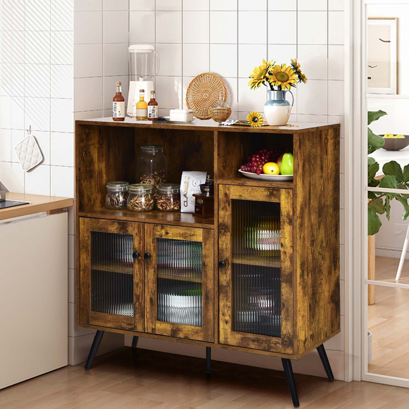 komfotteu-buffet-sideboard-mit-3-glast-ren-100x39-5x100-cm-braun image 2