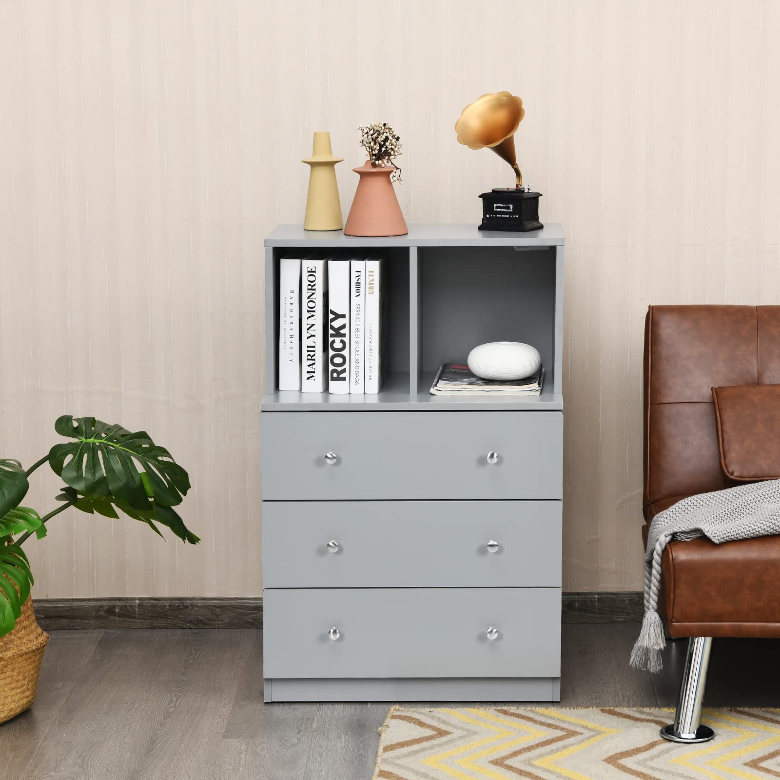 komfotteu-kommode-aus-holz-grau-60-x-40-x-94-cm-mit-3-schubladen-und-2-f-chern image 2