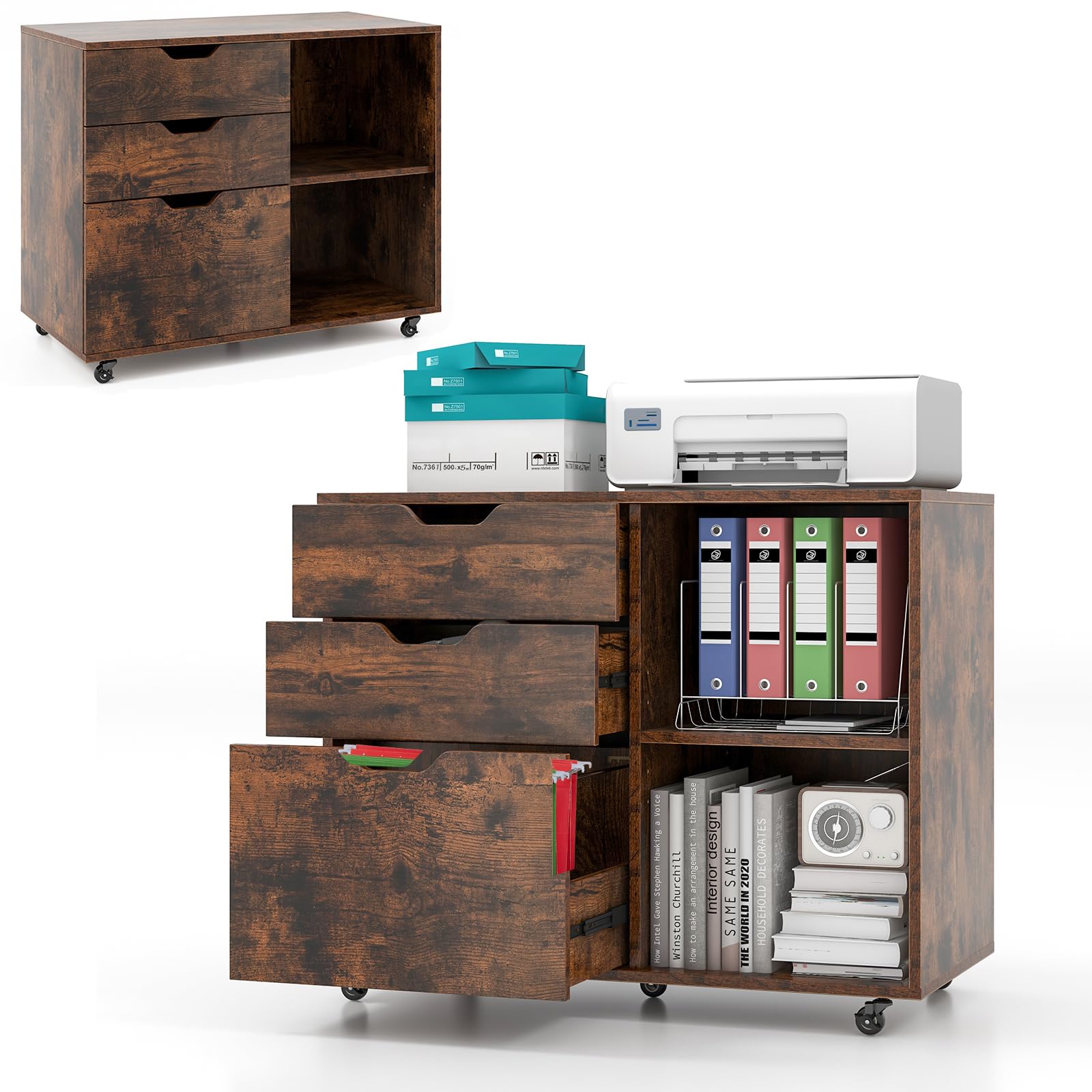 komfotteu-rollcontainer-3-schubladen-mit-regal-braun image 1