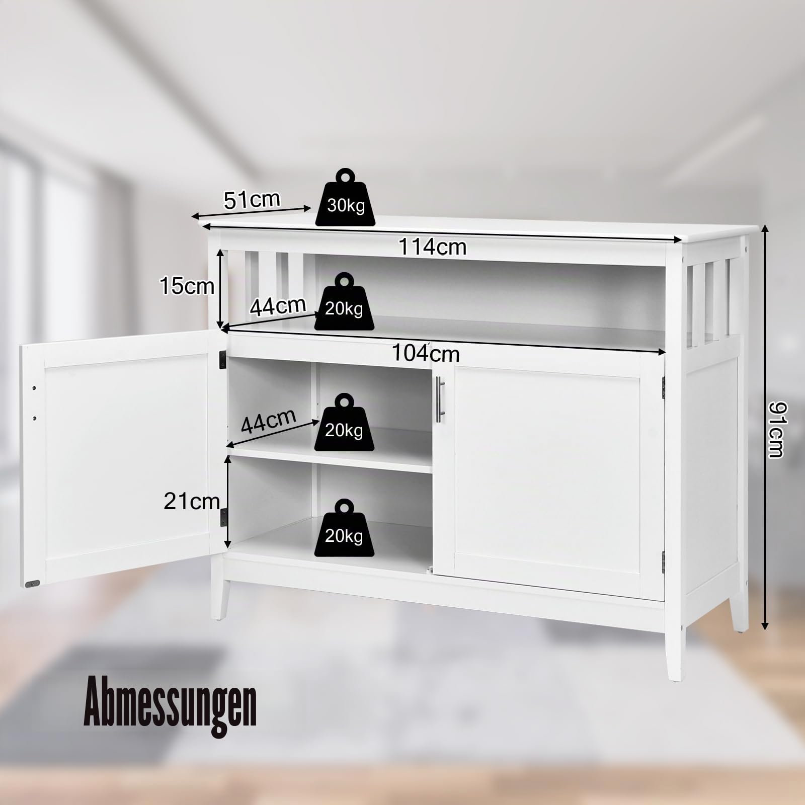komfotteu-sideboard-kiefernholz-114x51x91-cm-mit-verstellbaren-regalen image 3